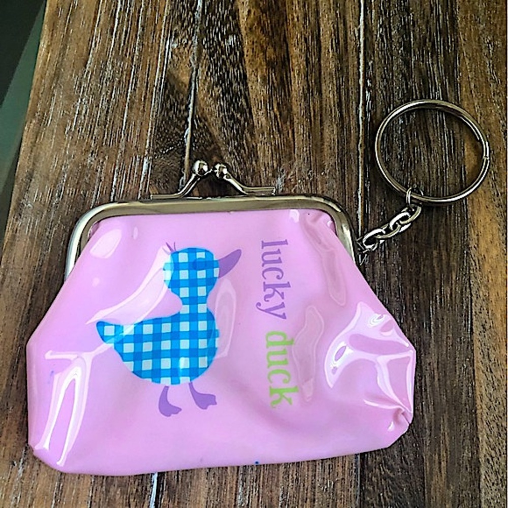 Vintage Lucky Duck Pink Vinyl Coin Purse, Small Kiss lock Keychain Wallet